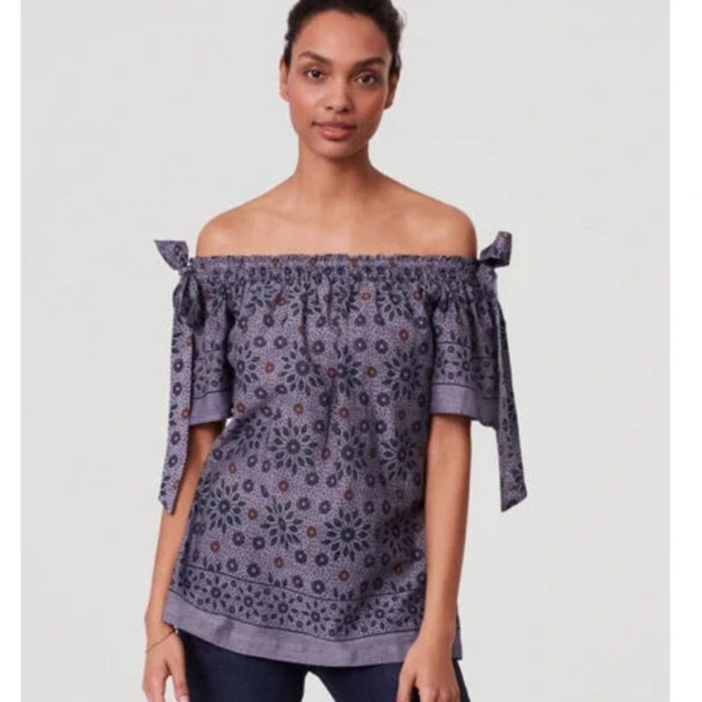 LOFT Medium Blue Floral Smocked Ruffled Short Sleeve Off Shoulder Blouse